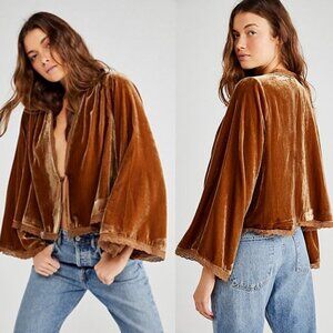 Free People Brown Velvet Bed tie front Lace trim bell sleeves Jacket  size XS